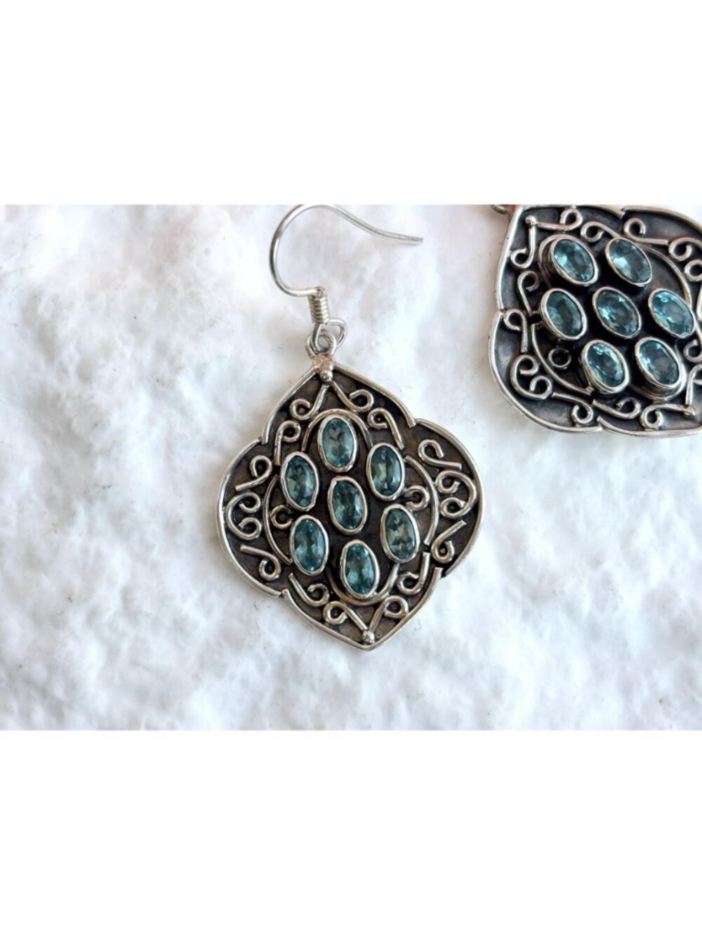 Blue Topaz Gemstone Oval Balinese Inspired Sterling Silver Vintage 925 Earrings - Picture 12 of 14
